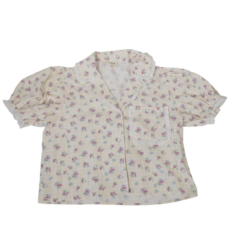 Cottage Core Peach Love Yellow and White Gingham Floral Top  SZ S Puff Sleeve